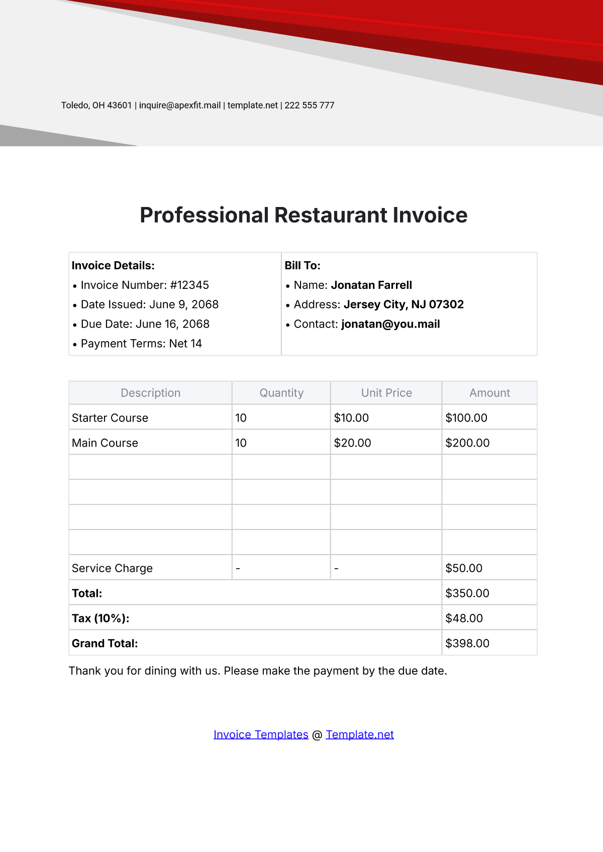 Professional Restaurant Invoice Template - Edit Online & Download