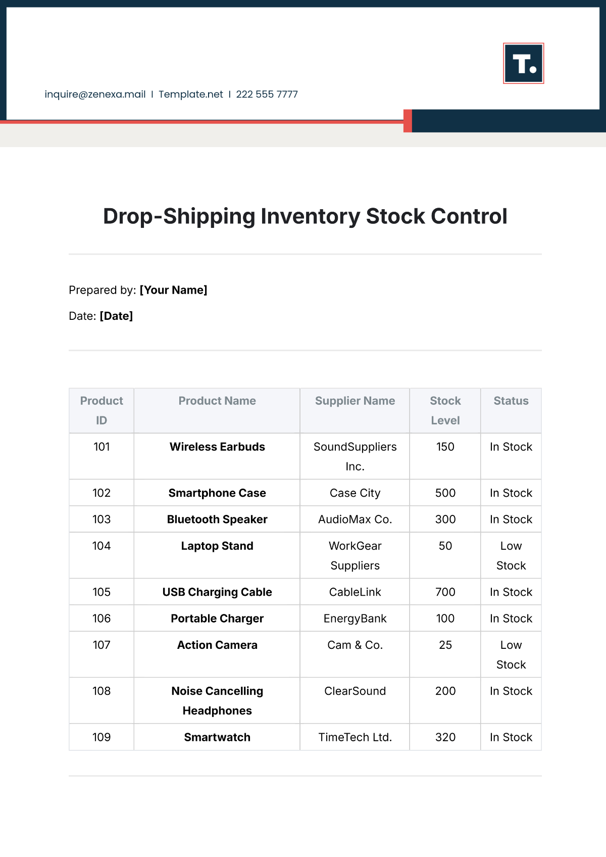 Drop-Shipping Inventory Stock Control Template - Edit Online & Download