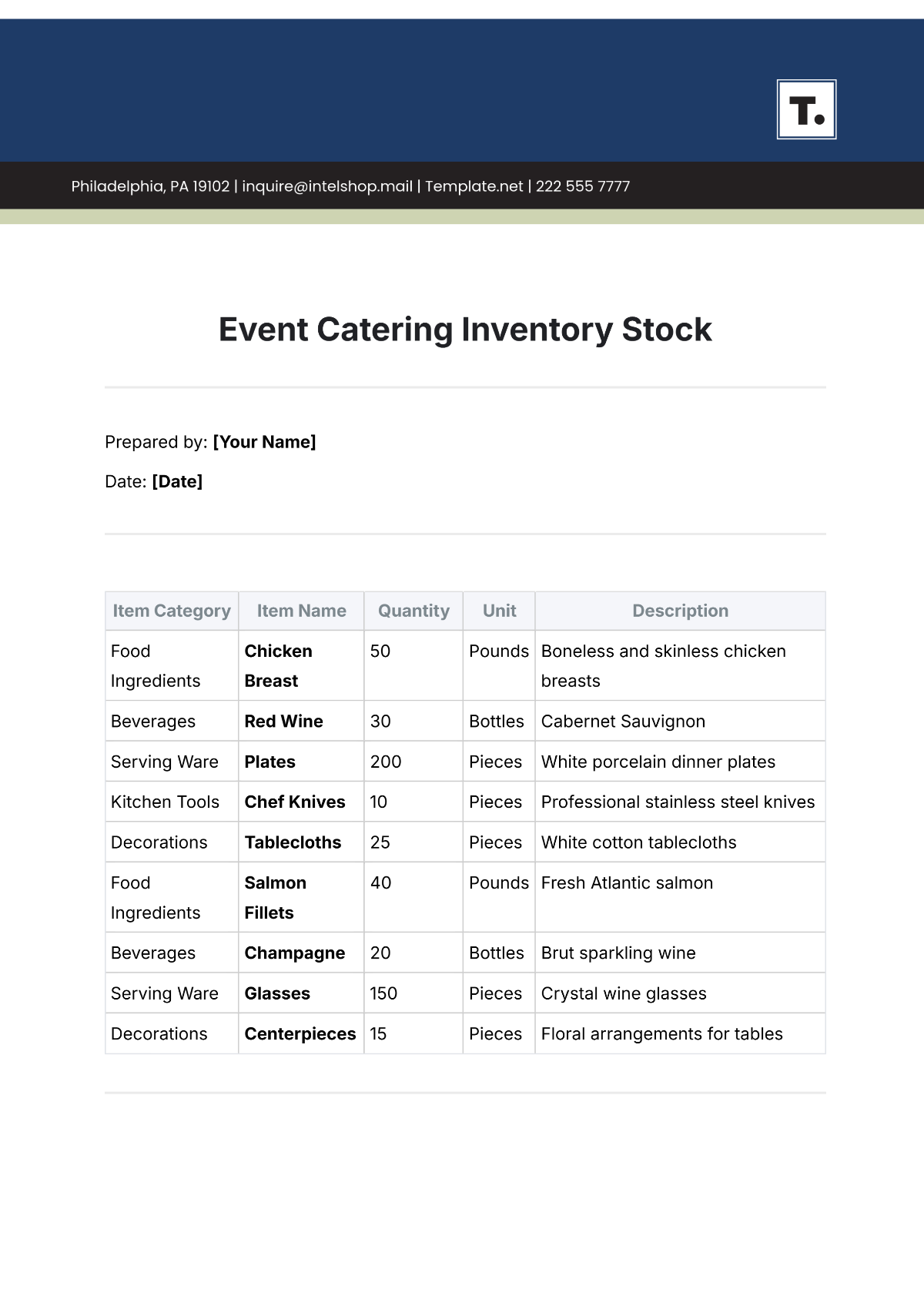 Event Catering Inventory Stock Template - Edit Online & Download