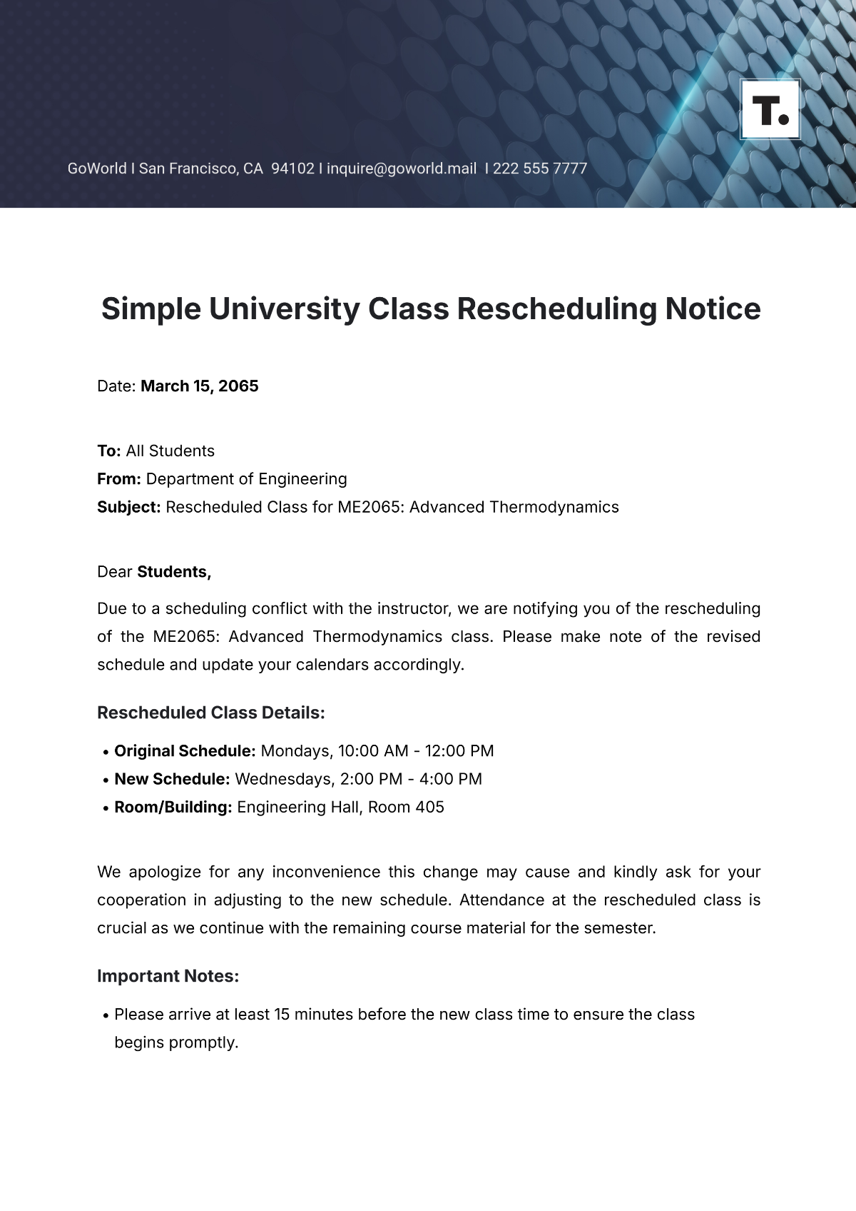 Simple University Class Rescheduling Notice Template - Edit Online & Download