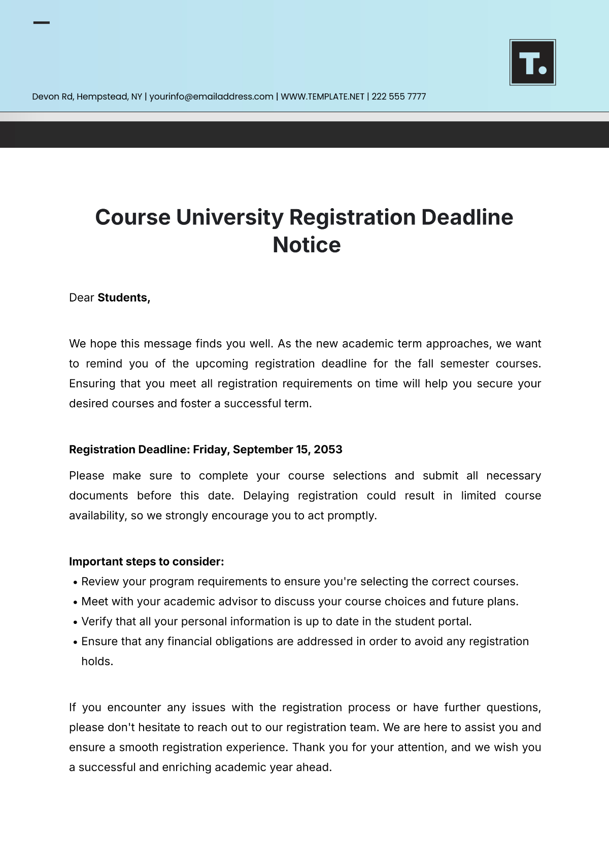 Course University Registration Deadline Notice Template - Edit Online & Download