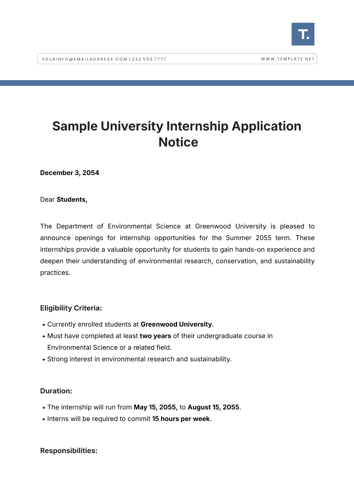 Sample University Internship Application  Notice Template - Edit Online & Download