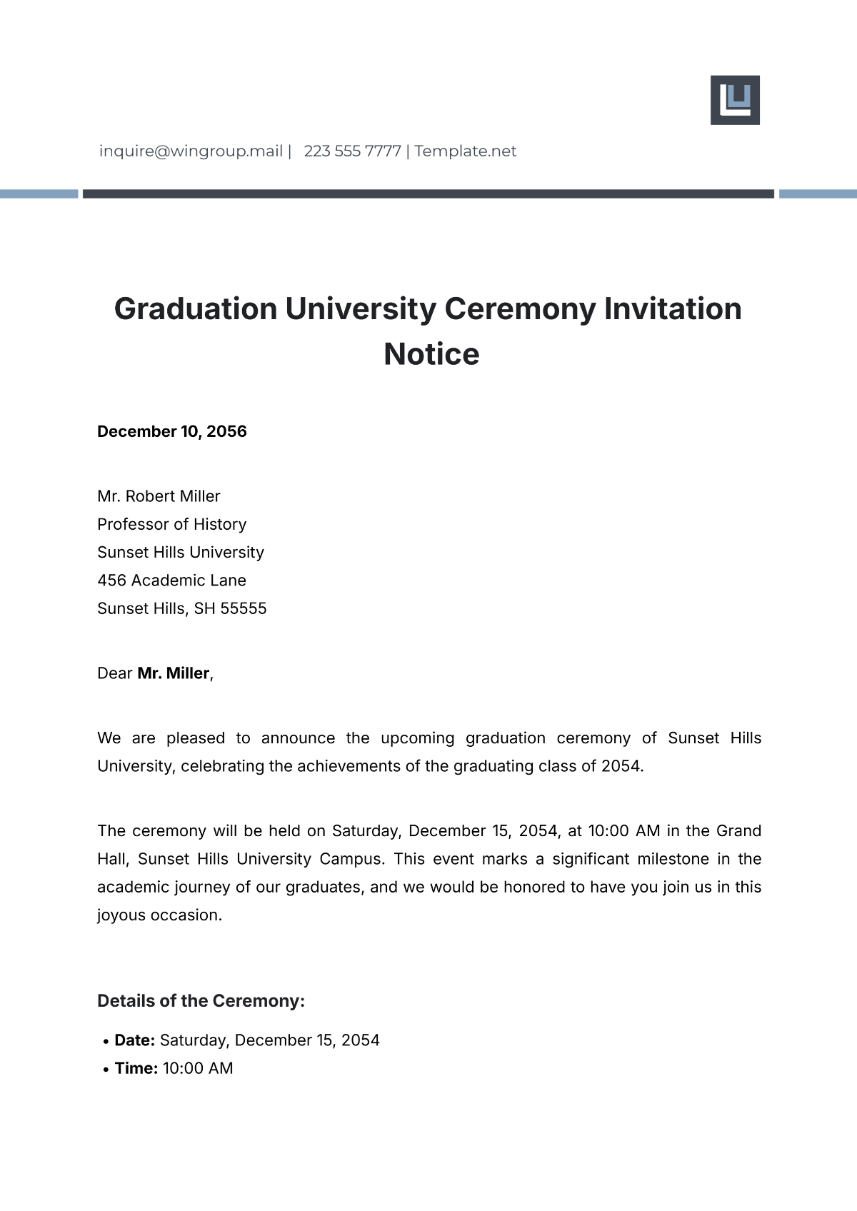 Graduation University Ceremony Invitation Notice Template - Edit Online & Download