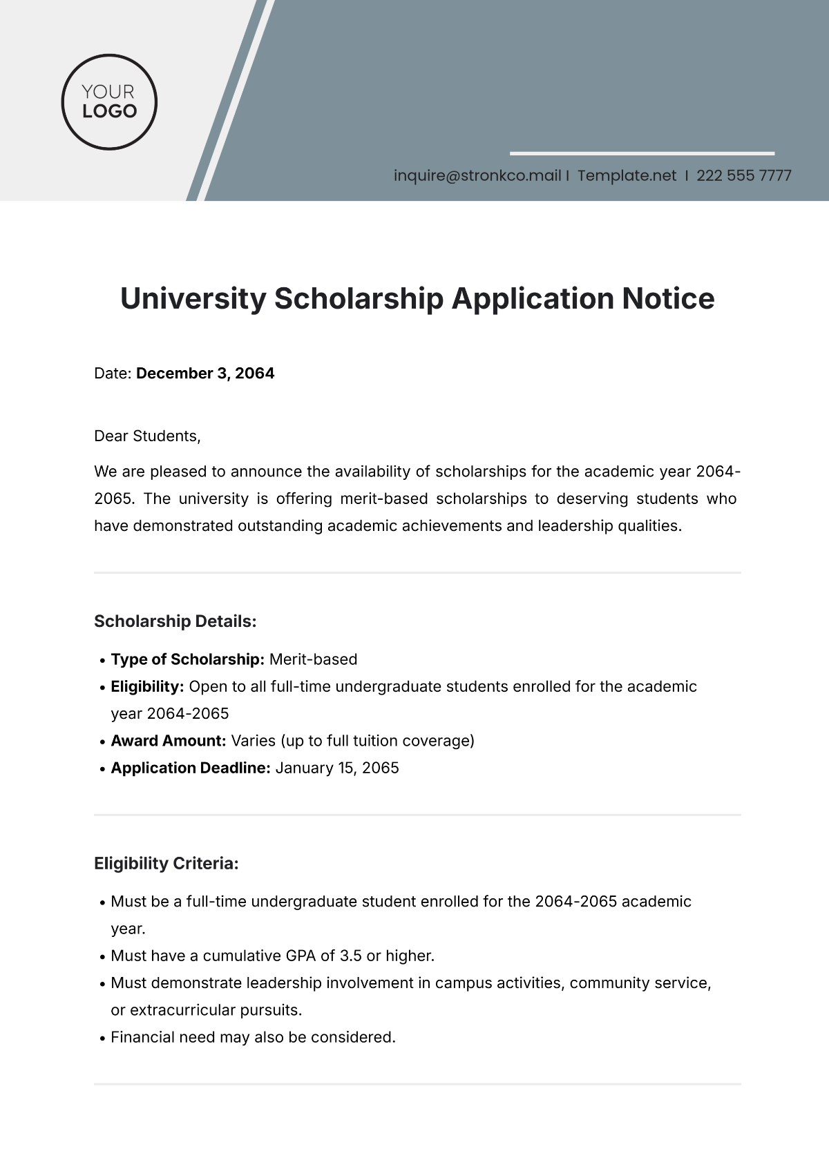 University Scholarship Application Notice Template - Edit Online & Download