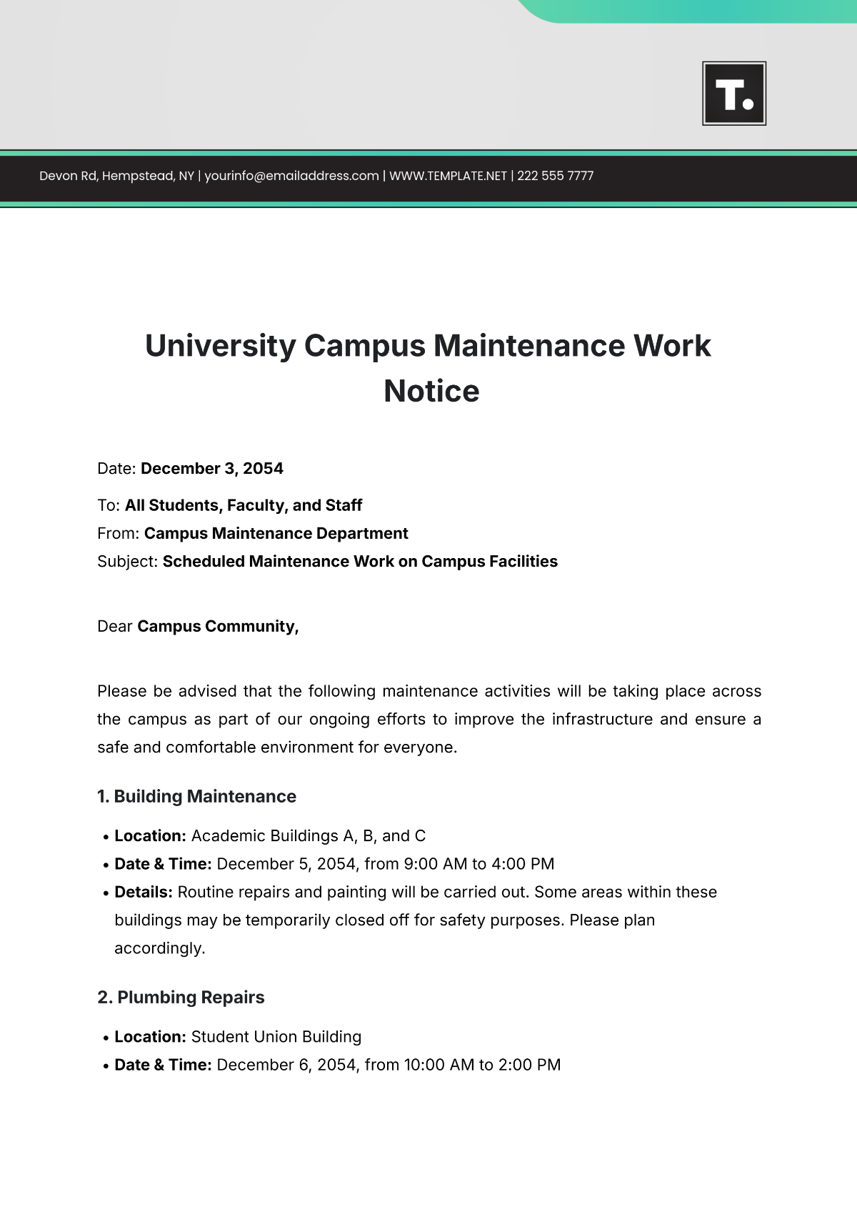 University Campus Maintenance Work Notice Template - Edit Online & Download