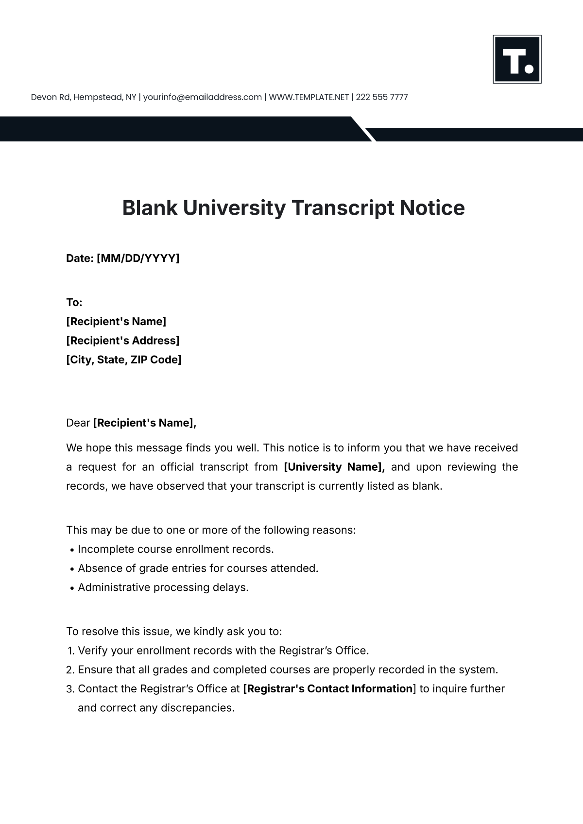 Blank University Transcript Notice Template - Edit Online & Download