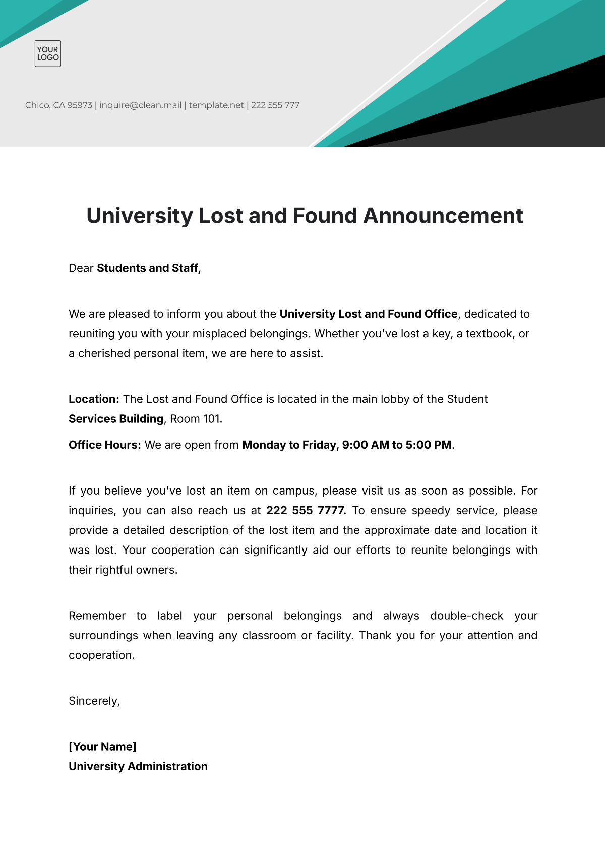 University Lost and Found Announcement Notice Template - Edit Online & Download