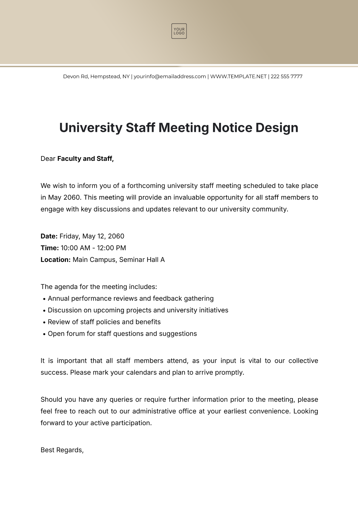 University Staff Meeting Notice Design Template - Edit Online & Download