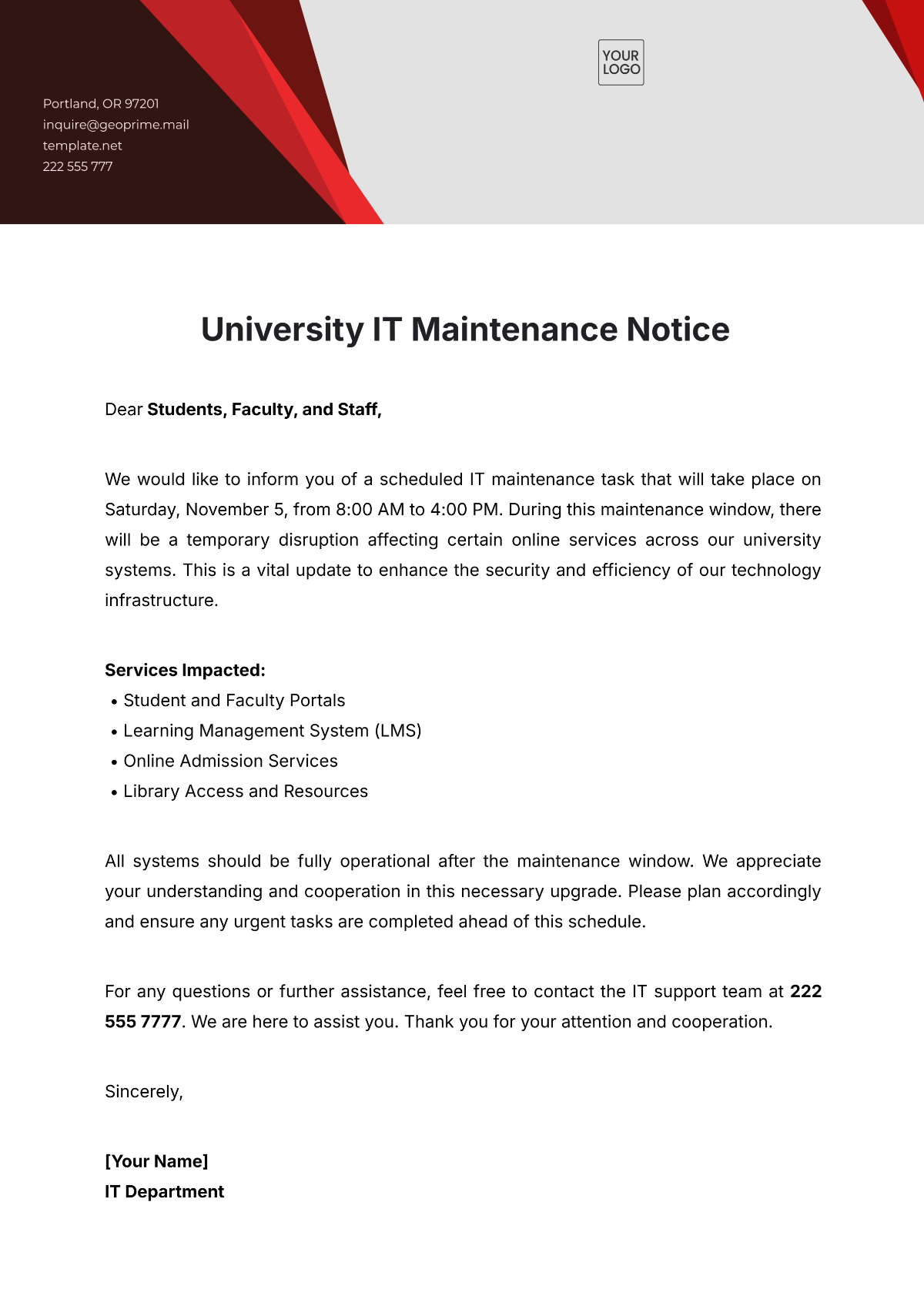 University  IT Maintenance Notice Template - Edit Online & Download