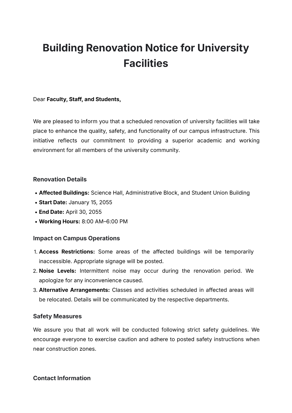 Building Renovation Notice for University Facilities Template - Edit Online & Download