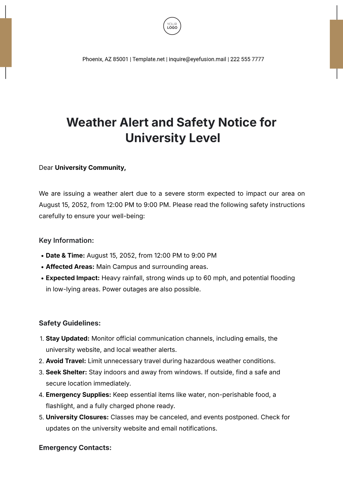 Free Weather Alert and Safety Notice for University Level Template to ...