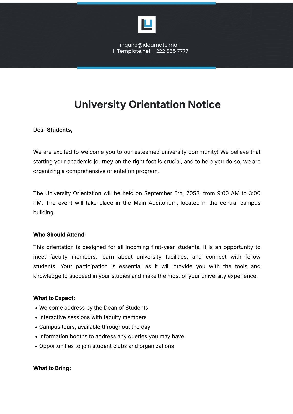 University Orientation Notice Template - Edit Online & Download