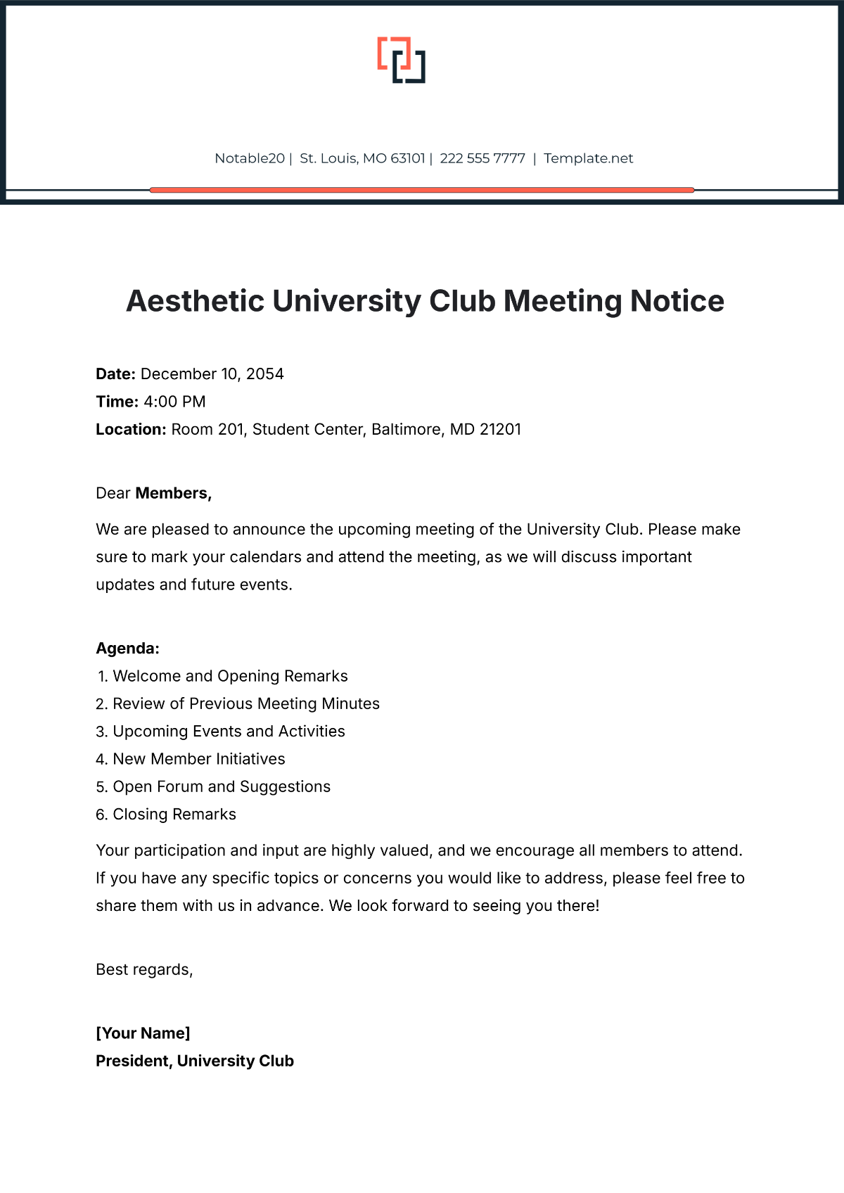 Aesthetic University Club Meeting Notice Template - Edit Online & Download