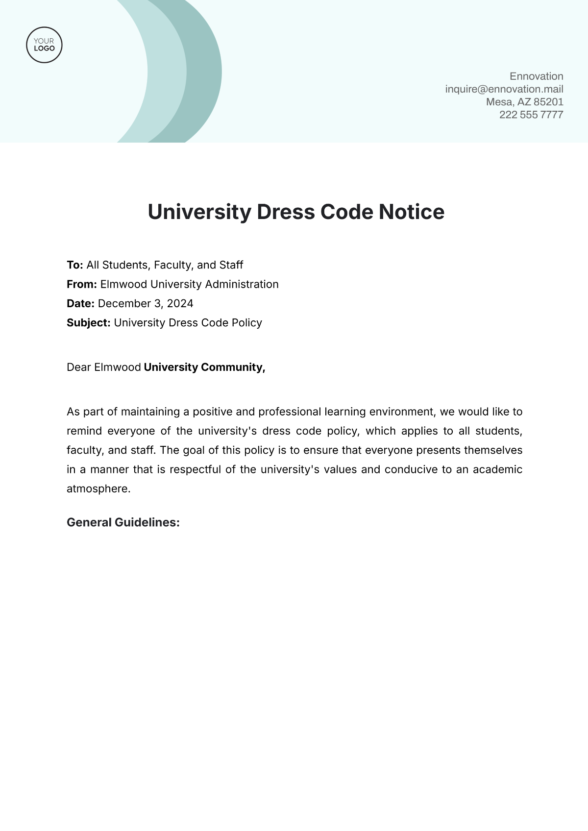 University Dress Code Notice Template - Edit Online & Download