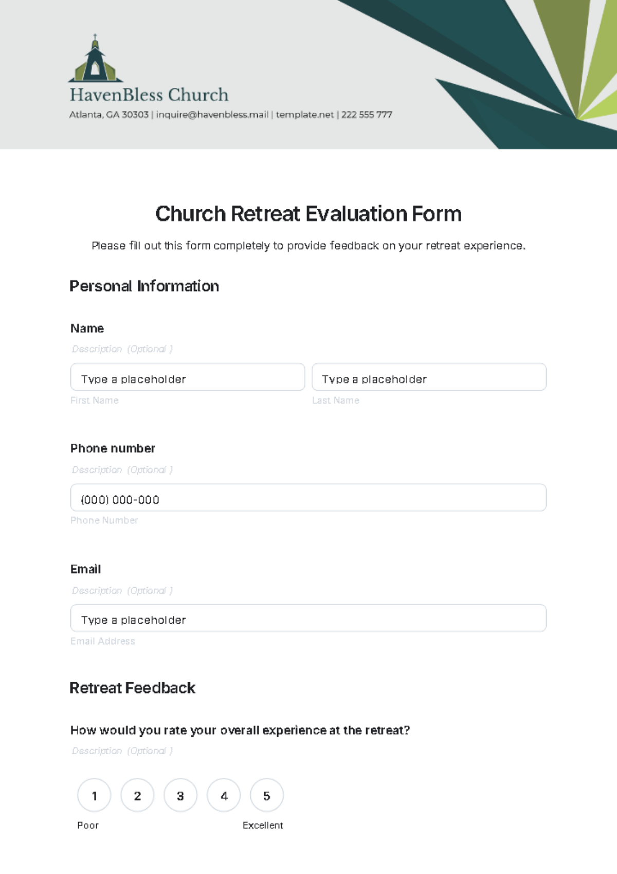 Church Retreat Evaluation Form Template - Edit Online & Download