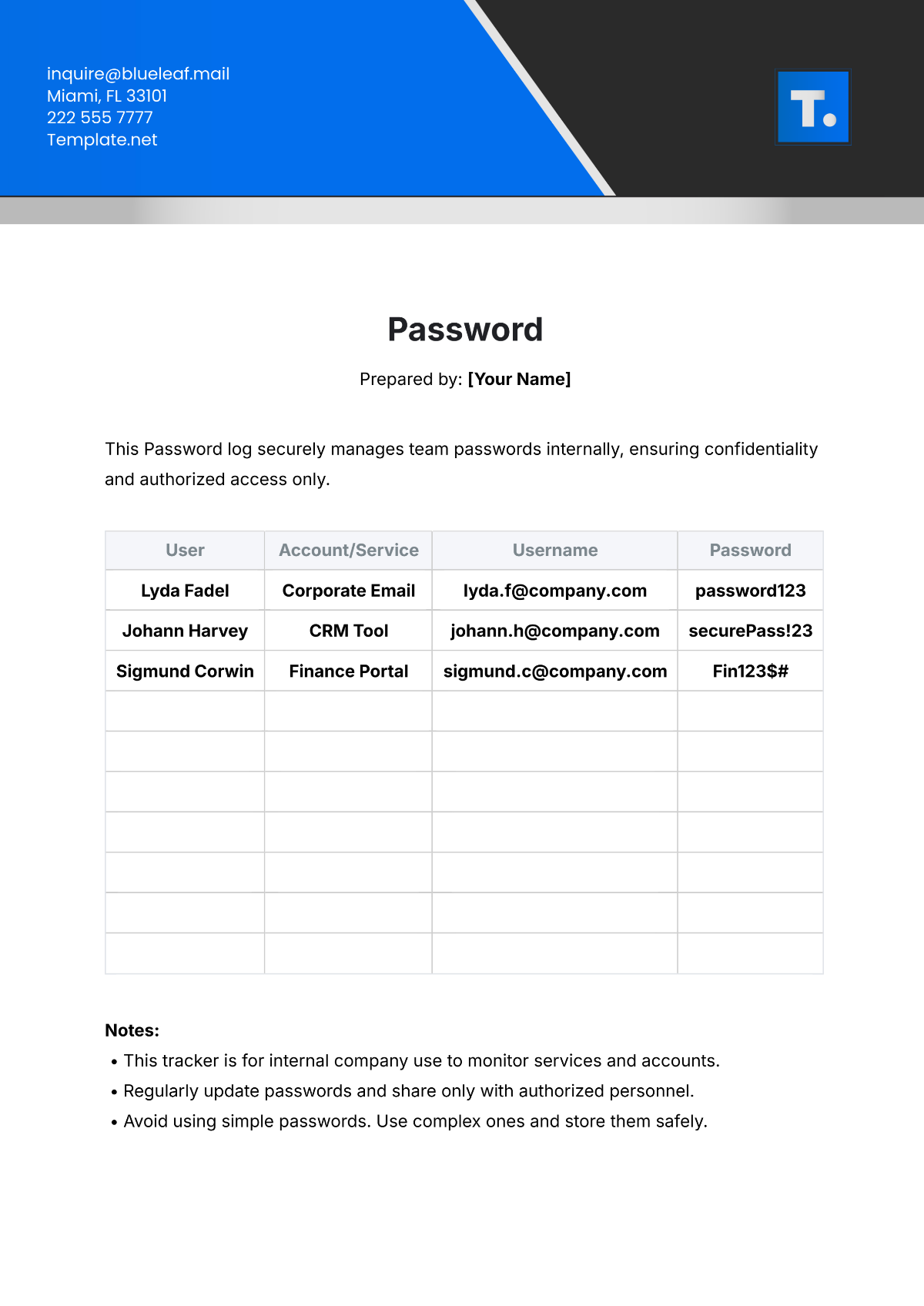 Password Template - Edit Online & Download