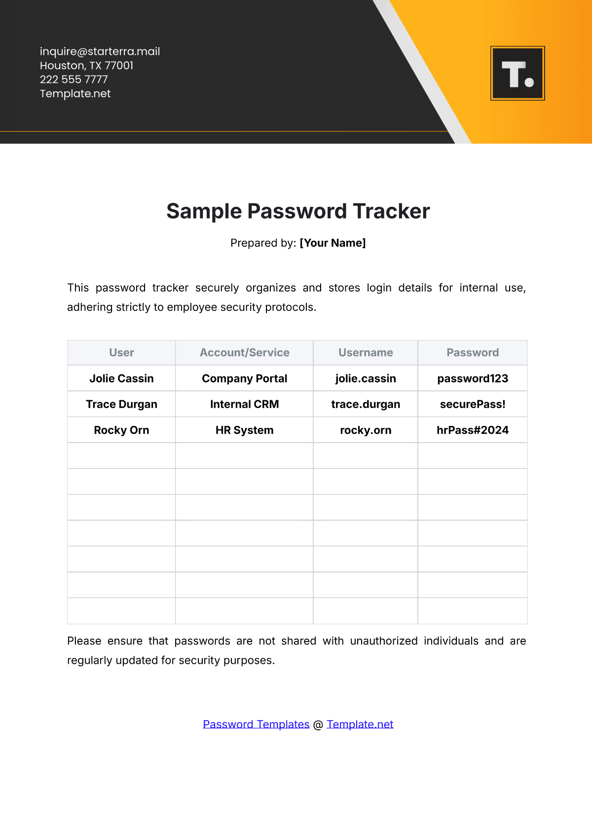 Sample Password Tracker Template