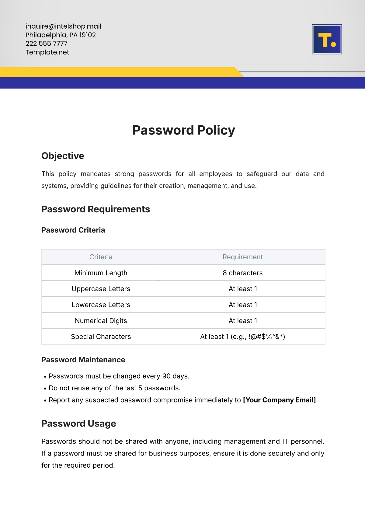 Free Password Policy Template to Edit Online