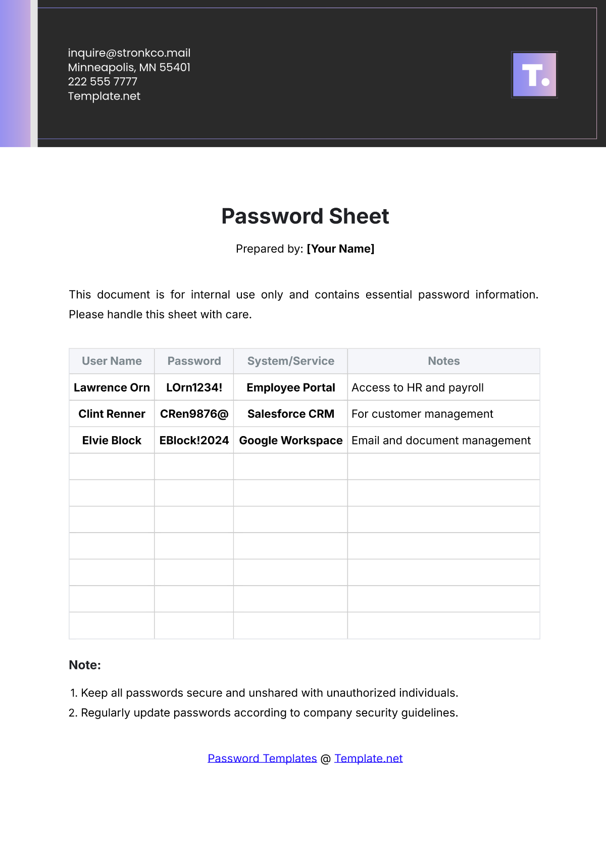 Password Sheet Template - Edit Online & Download