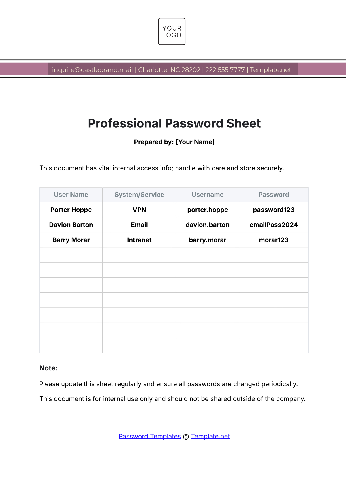 Professional Password Sheet Template - Edit Online & Download