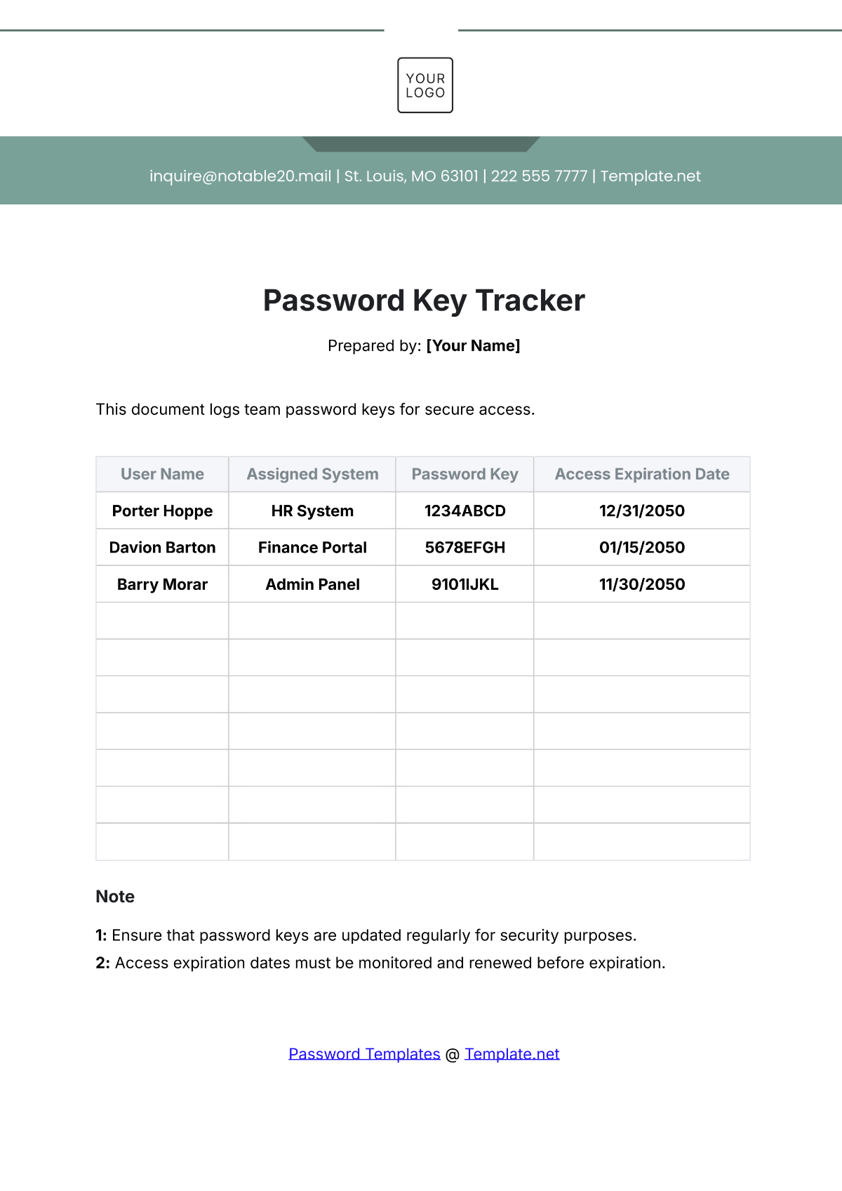 Password Key Tracker Template - Edit Online & Download