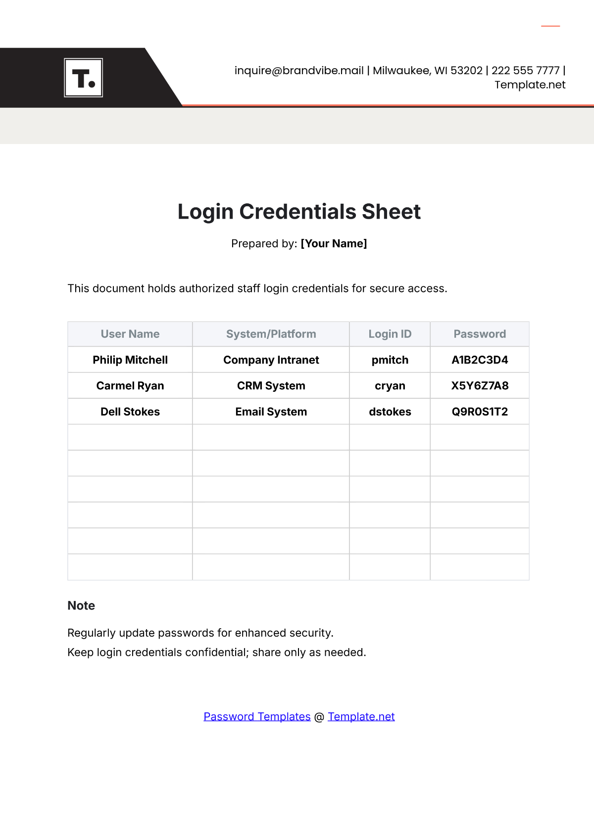 Login Credentials Sheet Template - Edit Online & Download