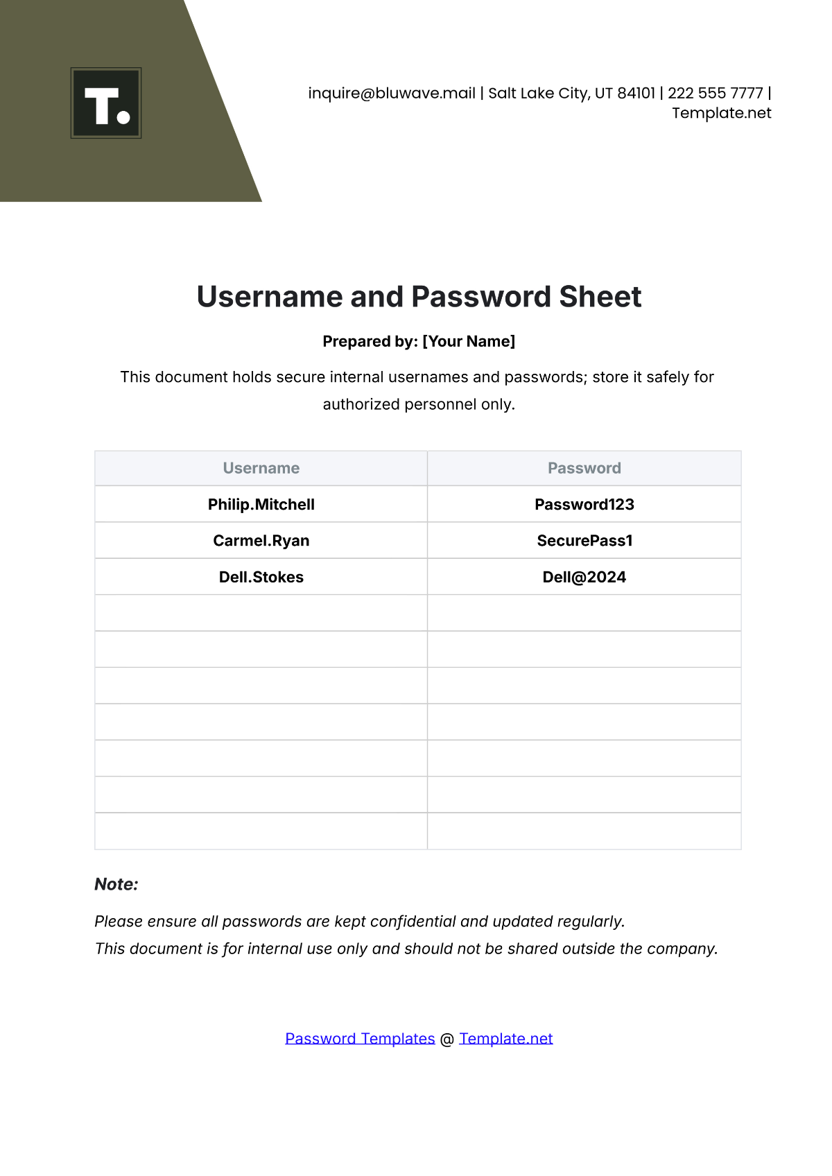 Username and Password Sheet Template - Edit Online & Download