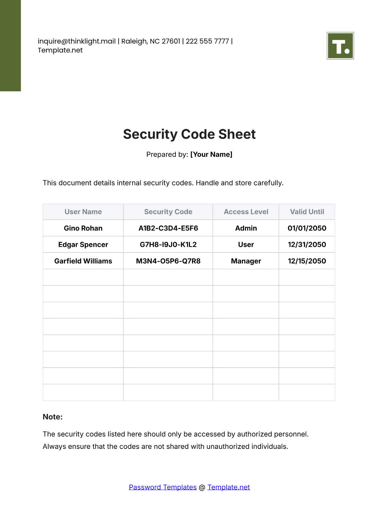 Security Code Sheet Template - Edit Online & Download