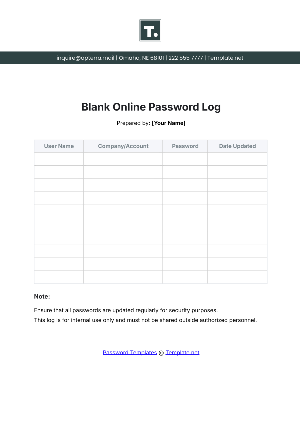 Blank Online Password Log Template - Edit Online & Download