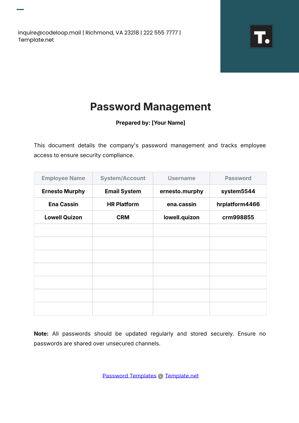 Password Management Template - Edit Online & Download