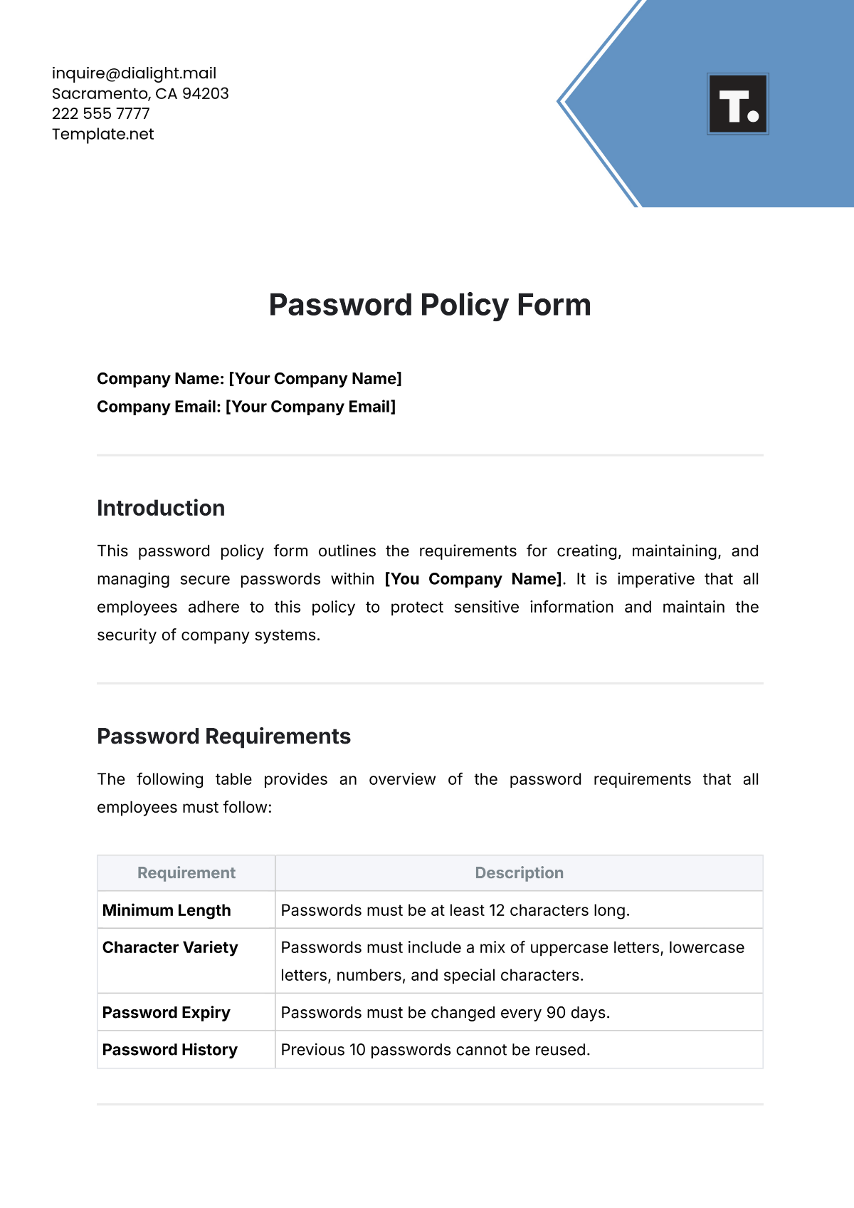 Password Policy Form Template - Edit Online & Download