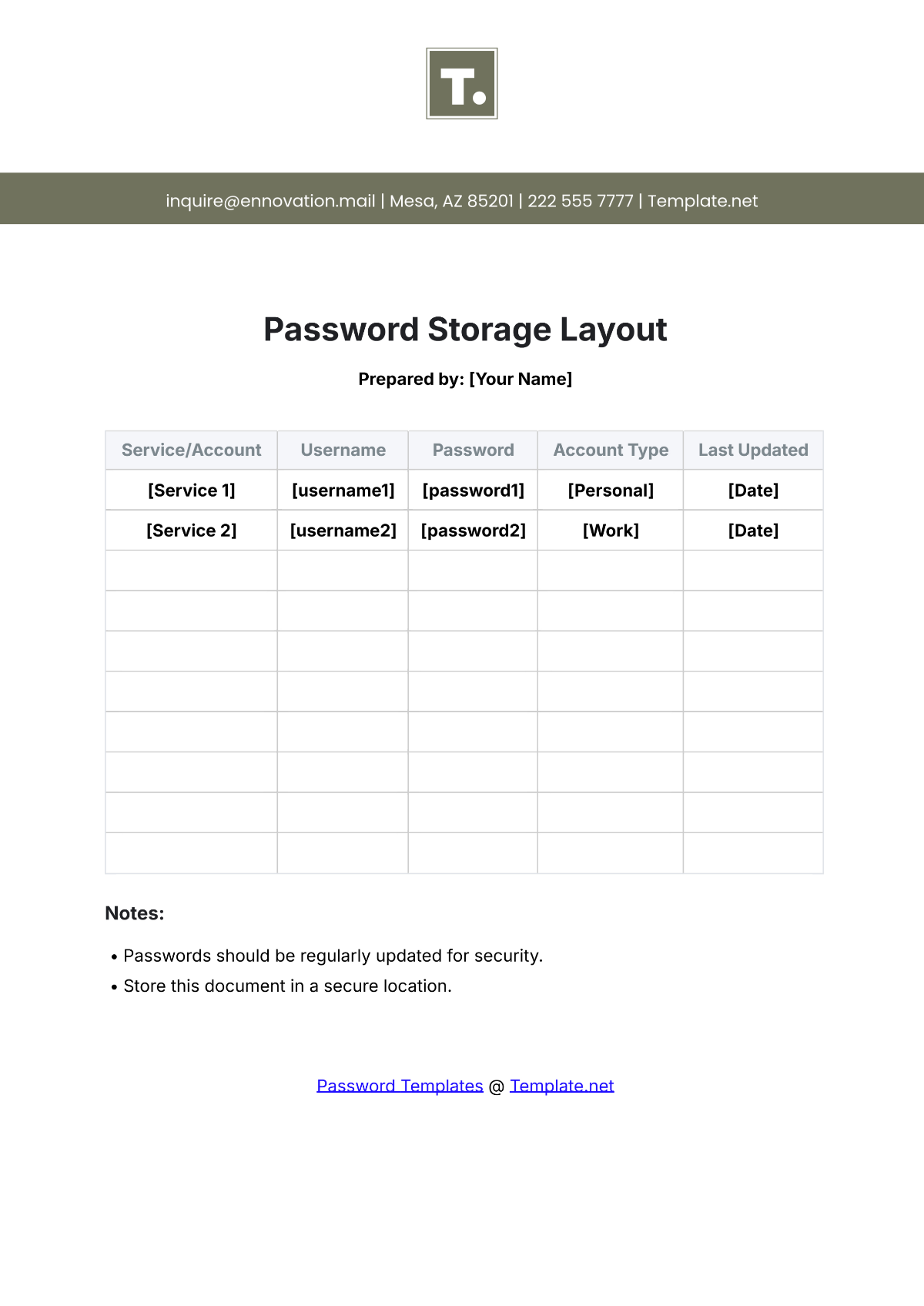 Password Storage Layout Template - Edit Online & Download