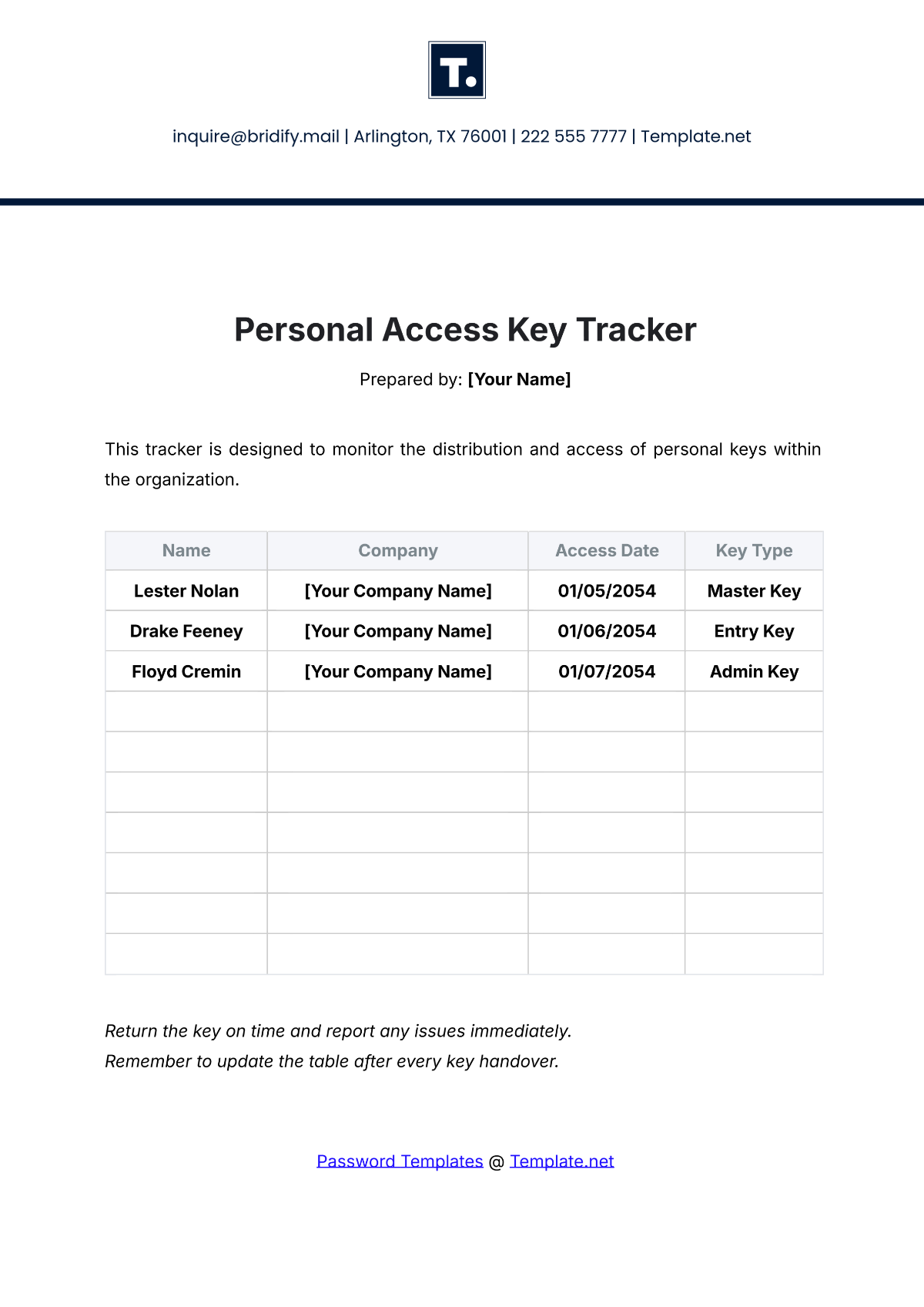 Personal Access Key Tracker Template - Edit Online & Download