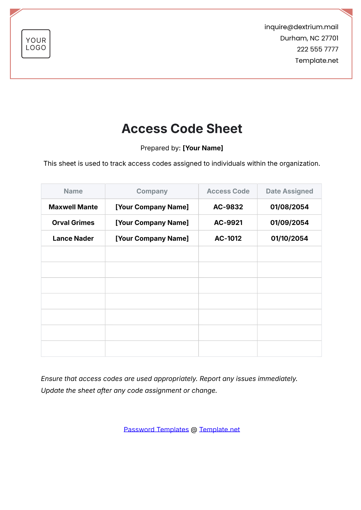 Access Code Sheet Template - Edit Online & Download