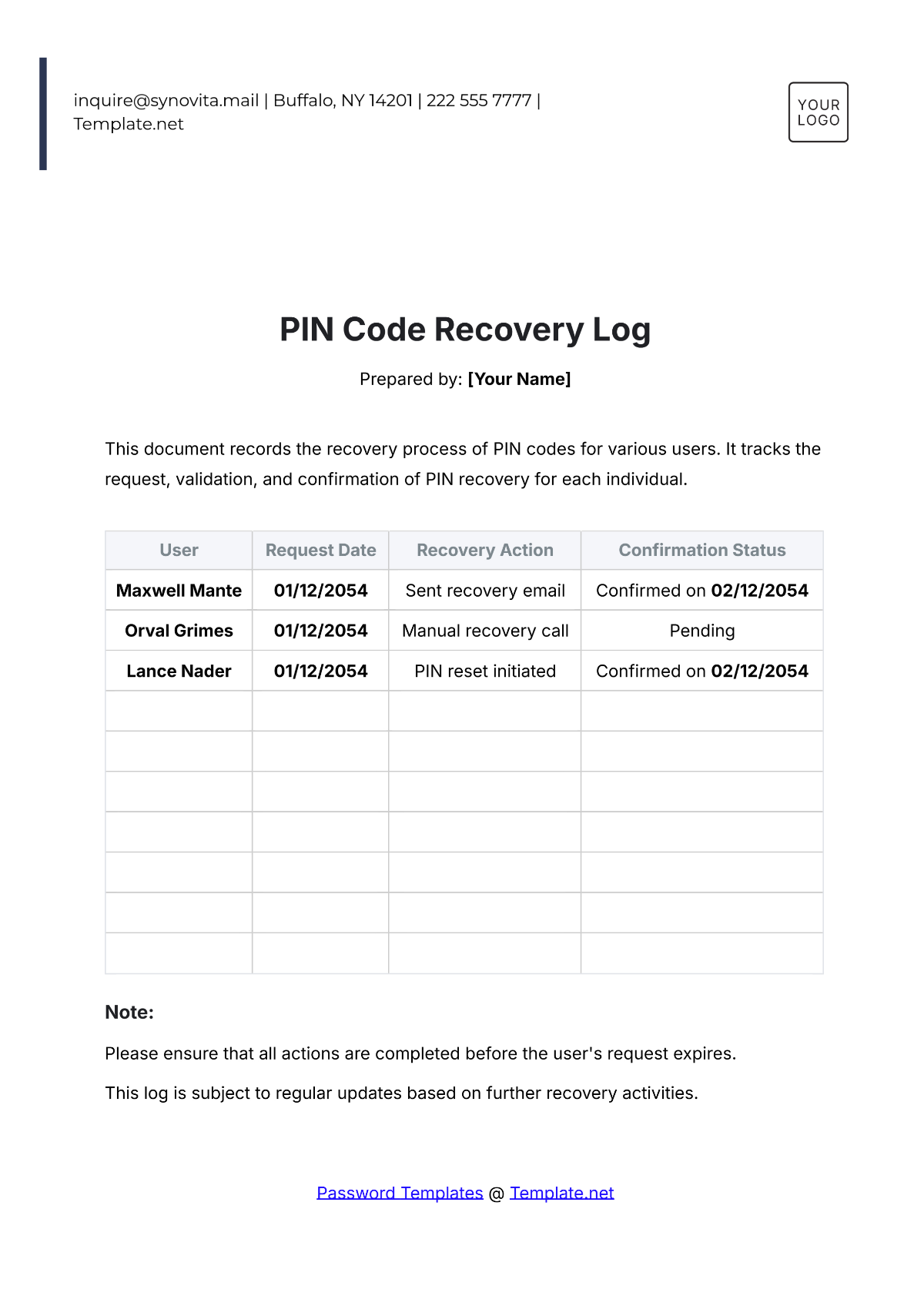 PIN Code Recovery Log Template - Edit Online & Download