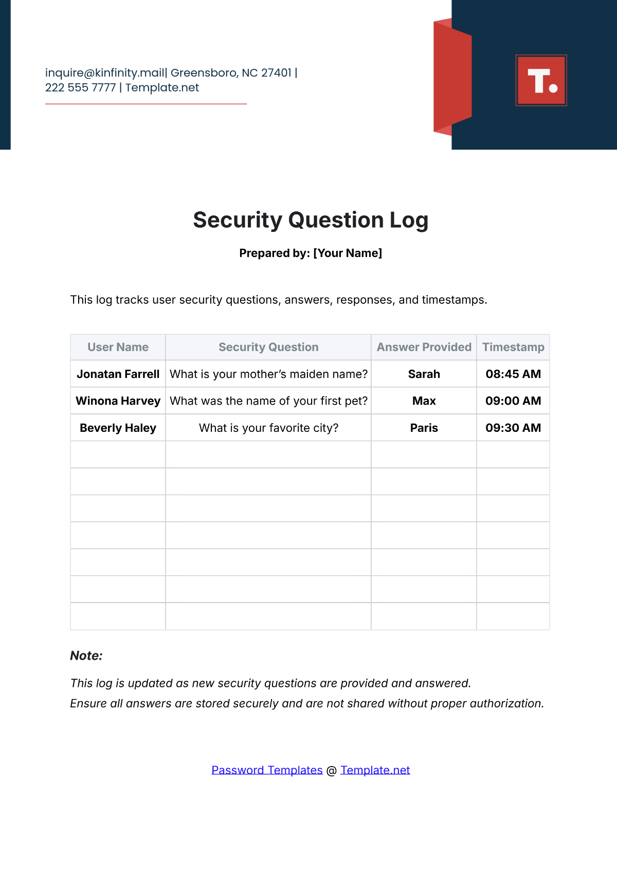 Security Question Log Template - Edit Online & Download