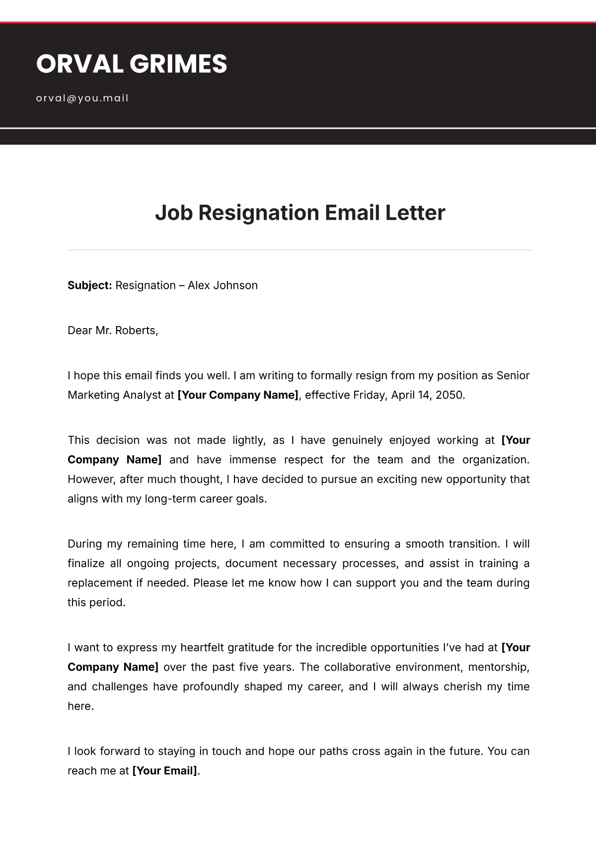 Job Resignation Email Letter Template - Edit Online & Download