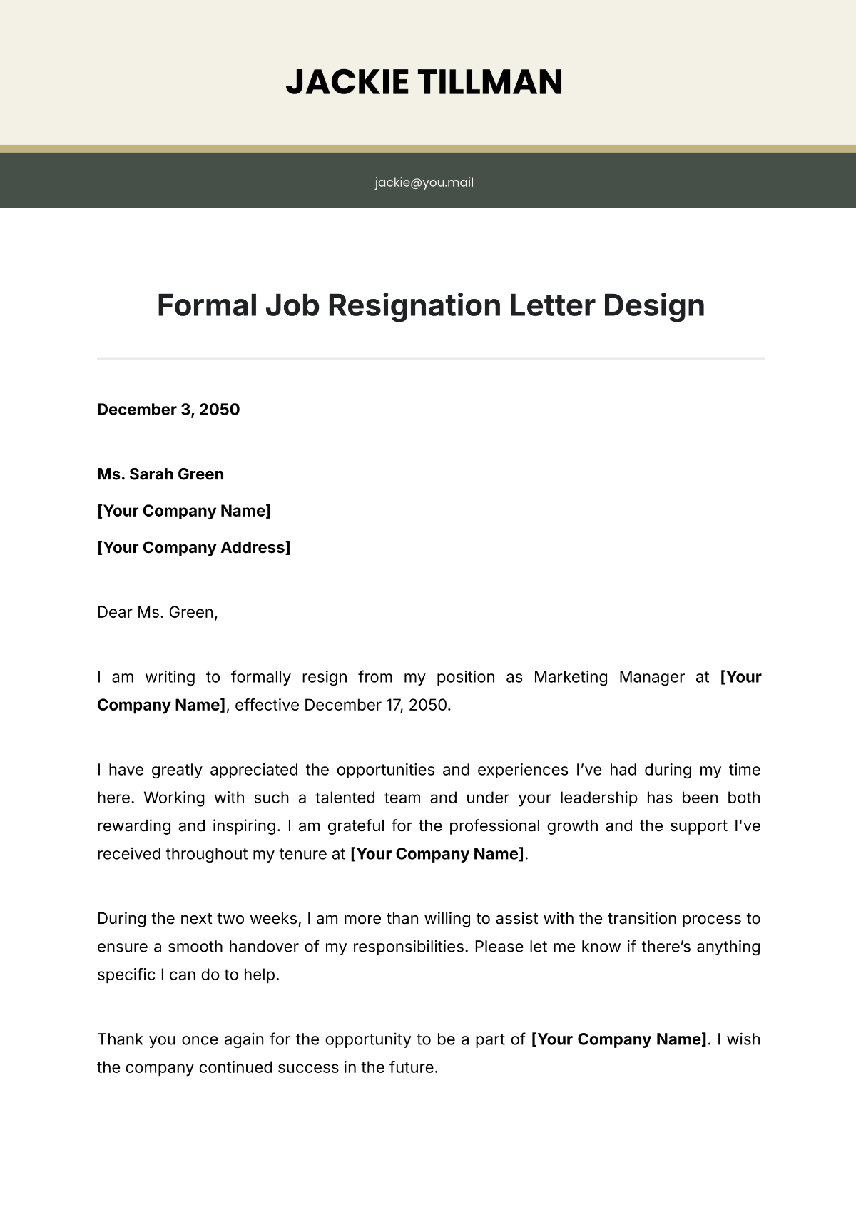 Formal Job Resignation Letter Design Template - Edit Online & Download