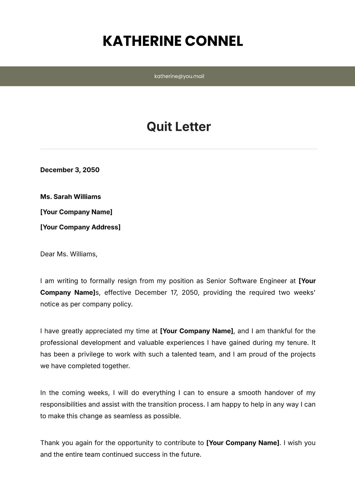 Quit Letter Template - Edit Online & Download