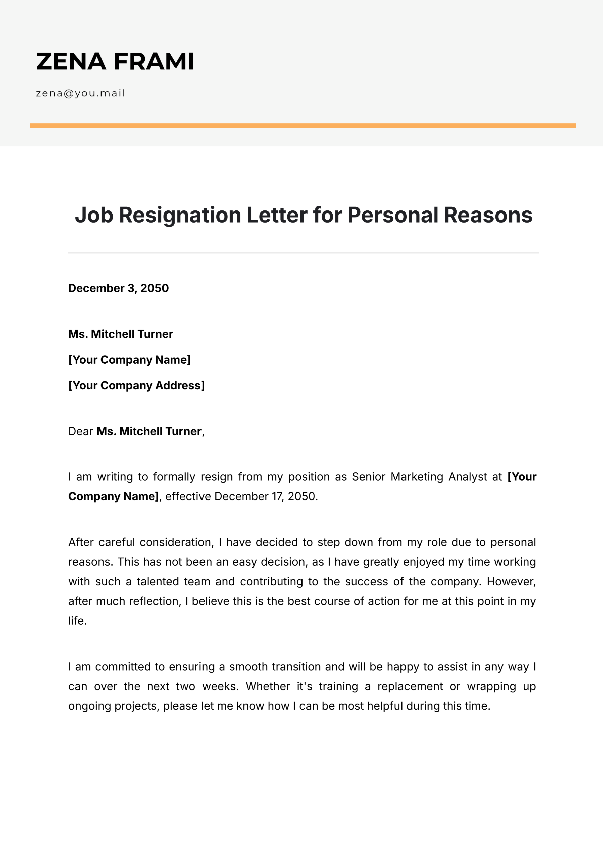 Job Resignation Letter for Personal Reasons Template - Edit Online & Download