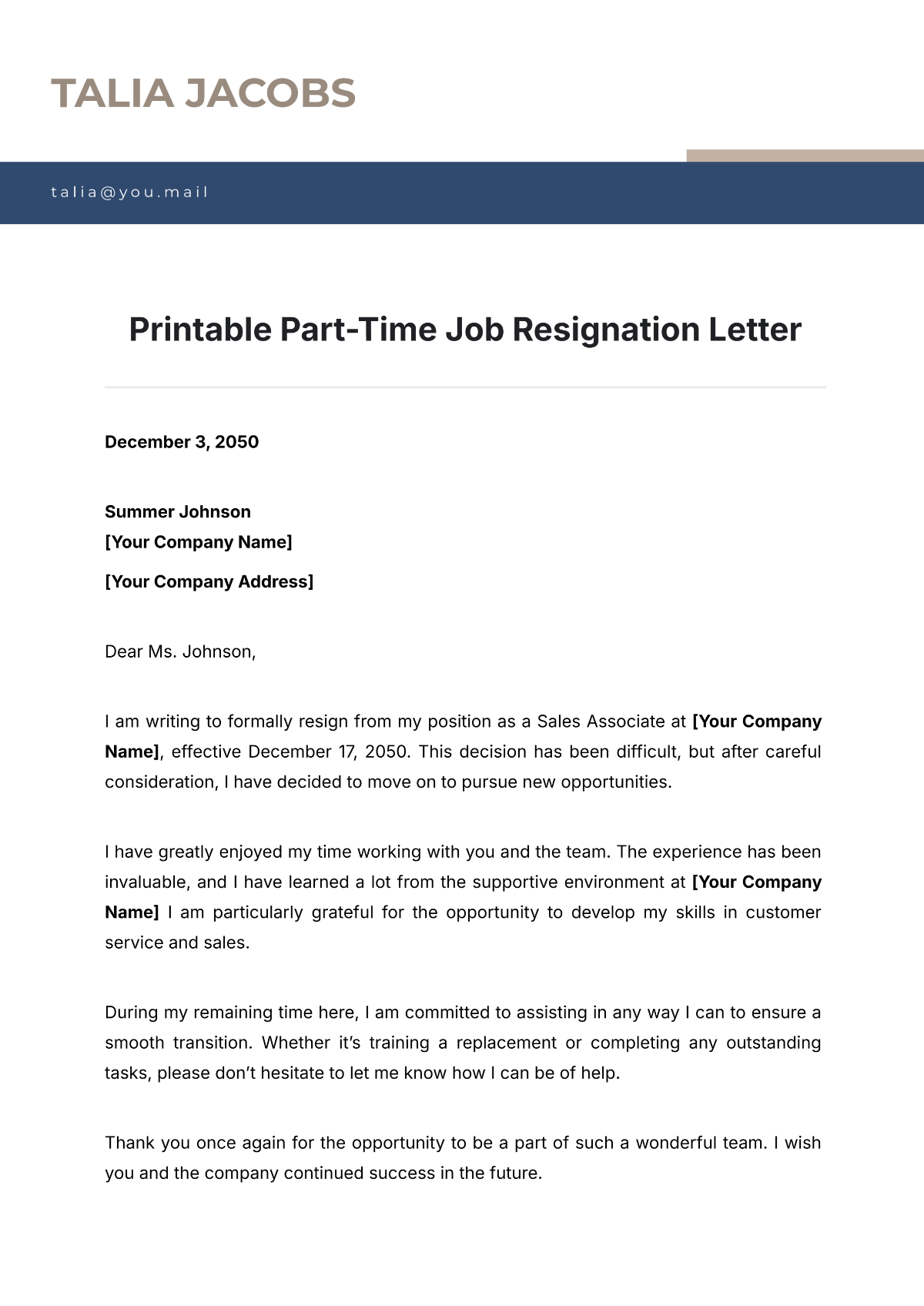 Printable Part-Time Job Resignation Letter Template - Edit Online & Download