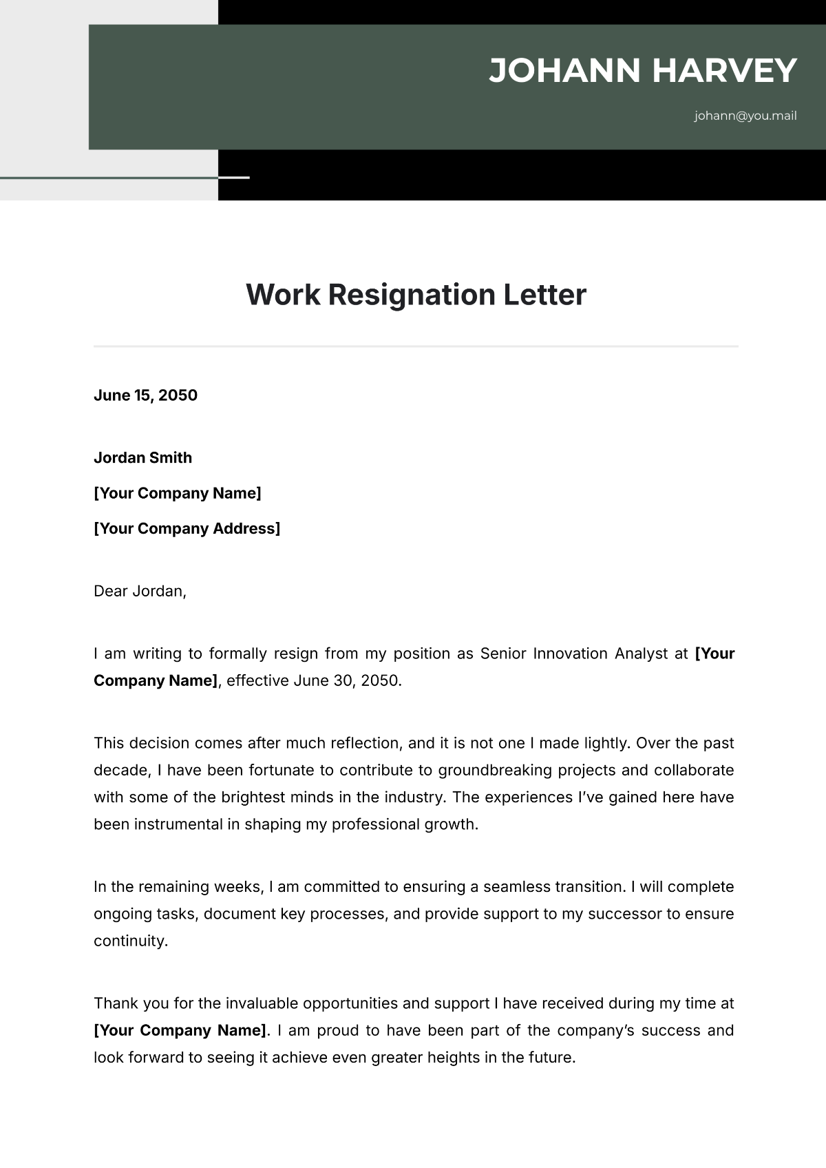 Work Resignation Letter Template - Edit Online & Download