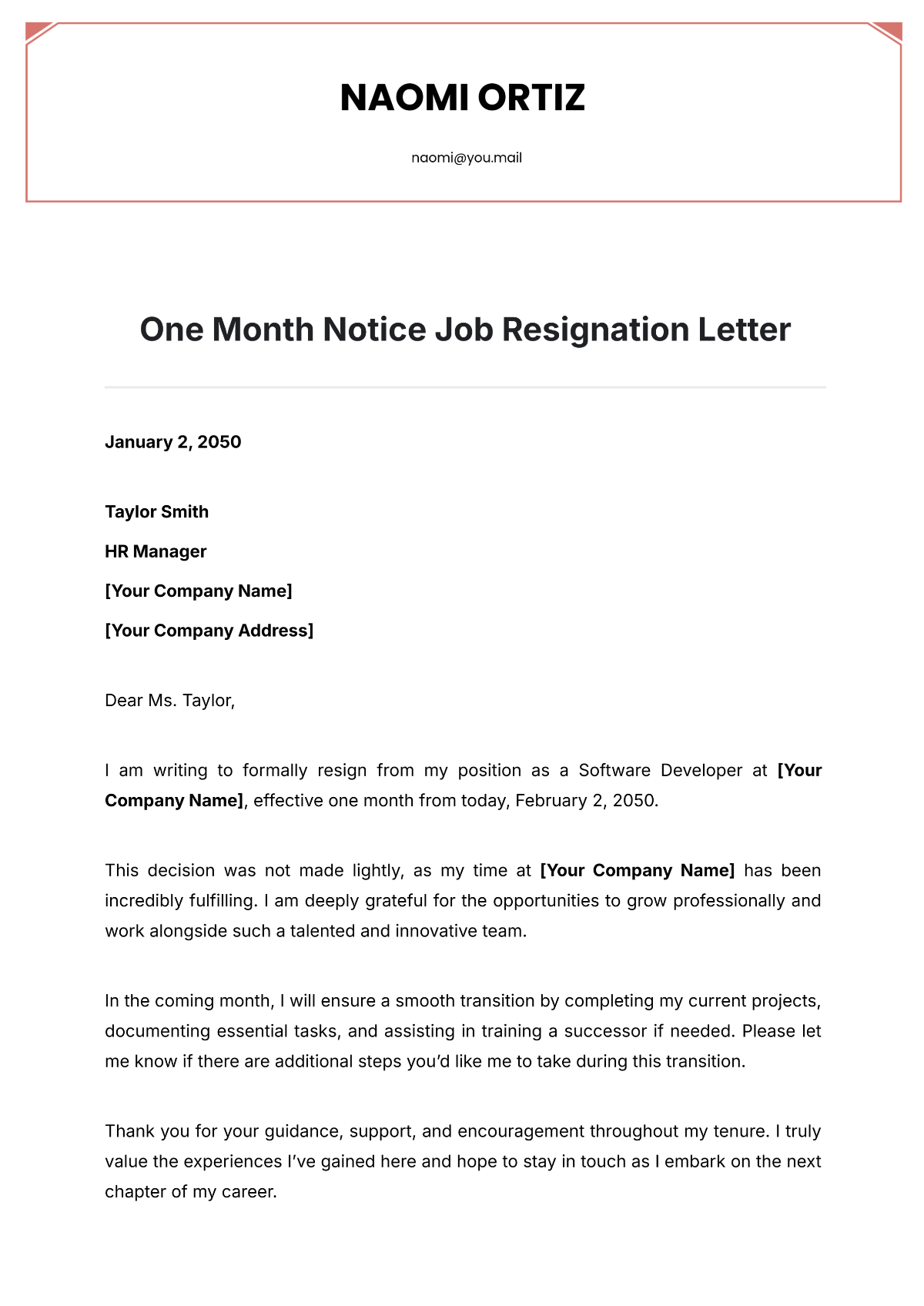 One Month Notice Job Resignation Letter Template - Edit Online & Download