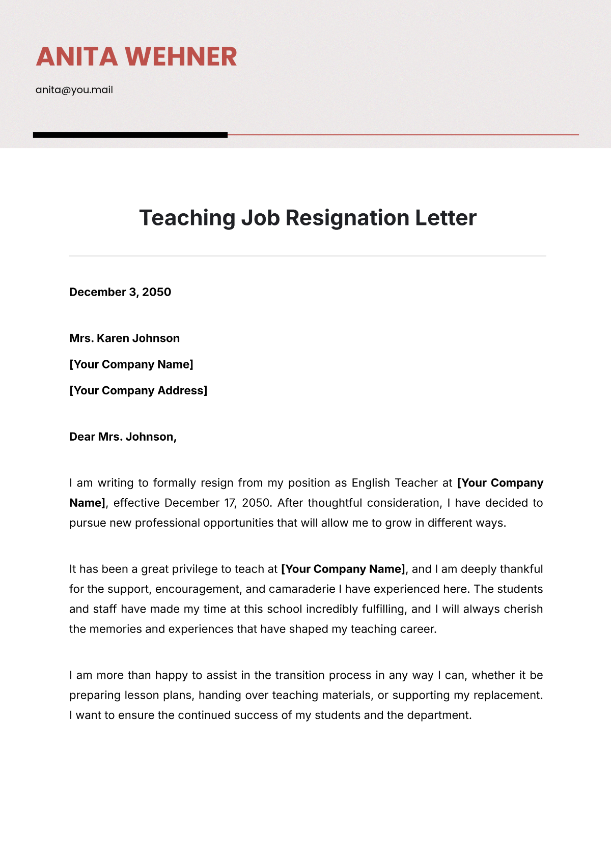 Teaching Job Resignation Letter Template - Edit Online & Download