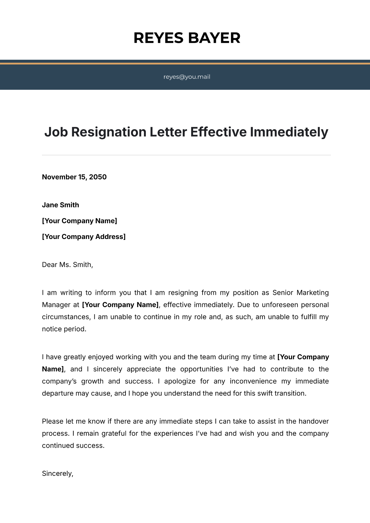 Job Resignation Letter Effective Immediately Template - Edit Online & Download