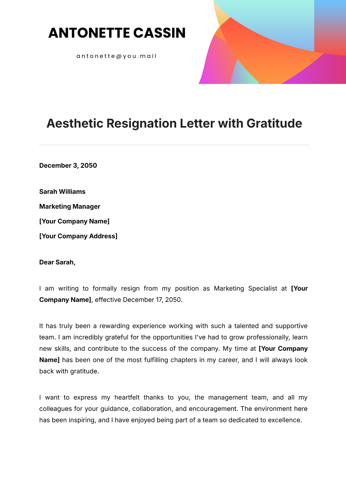 Aesthetic Resignation Letter with Gratitude Template - Edit Online & Download