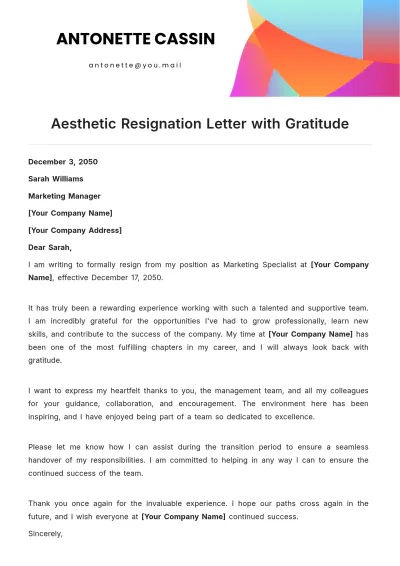 Free Aesthetic Resignation Letter with Gratitude Template to Edit Online