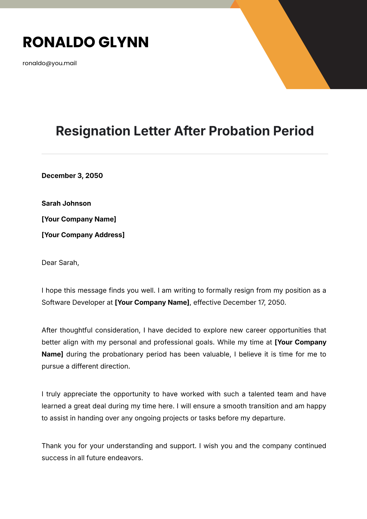 Resignation Letter After Probation Period Template - Edit Online & Download