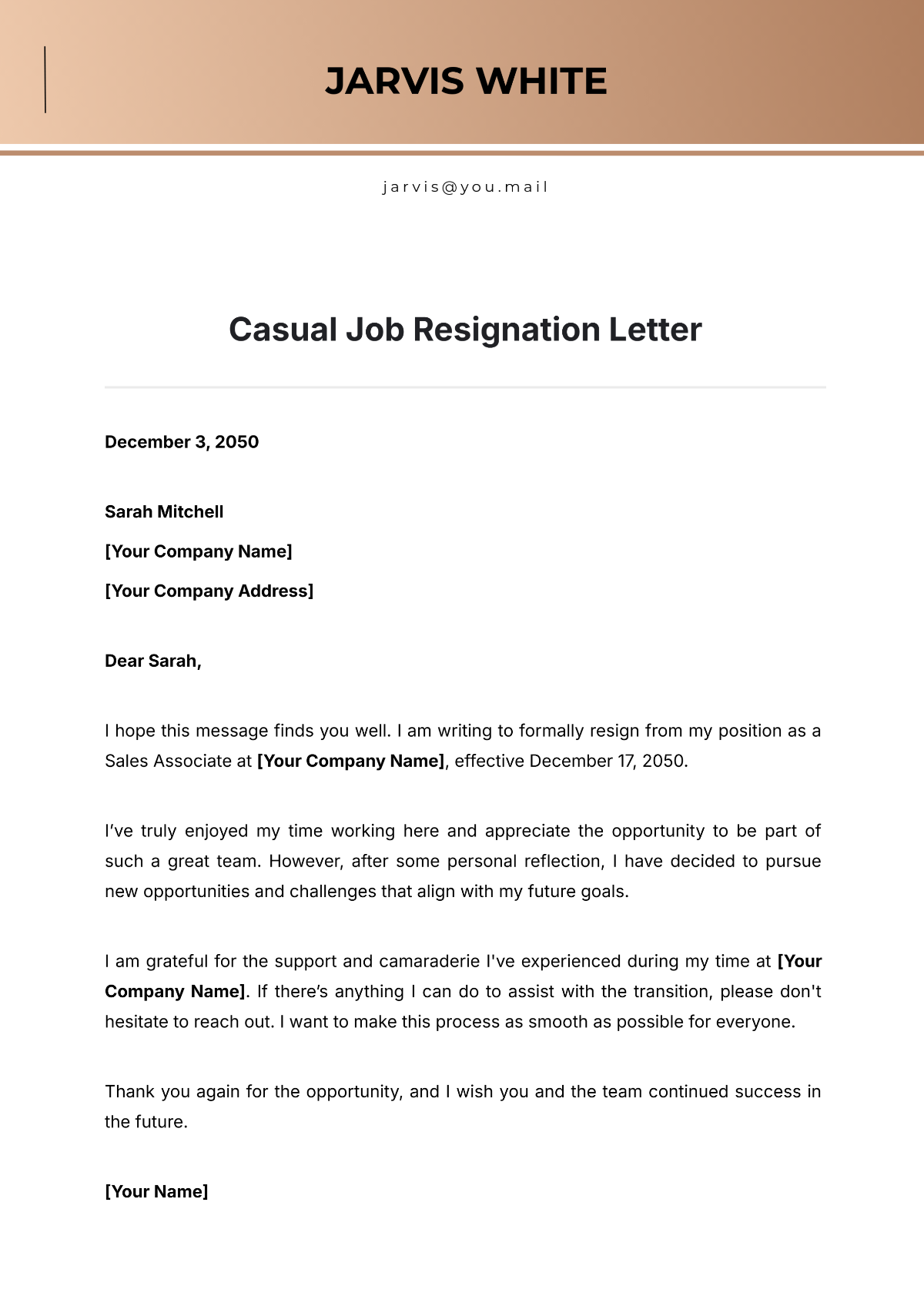 Casual Job Resignation Letter Template - Edit Online & Download