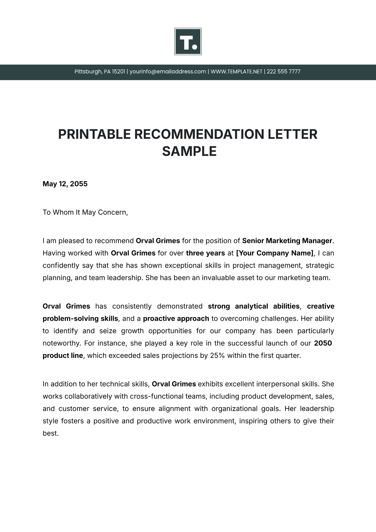 Printable Recommendation Letter Sample Template - Edit Online & Download